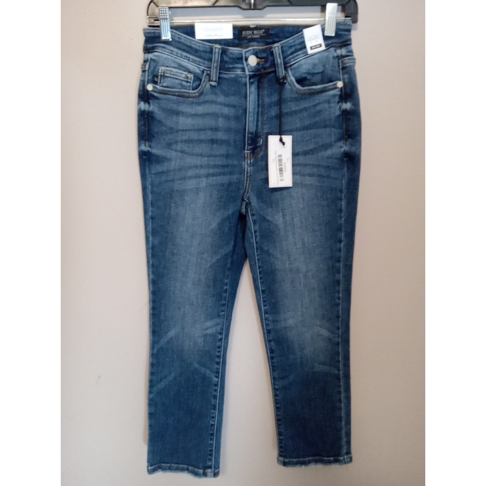 Judy Blue Junior Distress‎ Mid Rise Dark Wash Fringe Capri Denim Jeans Size 5x27